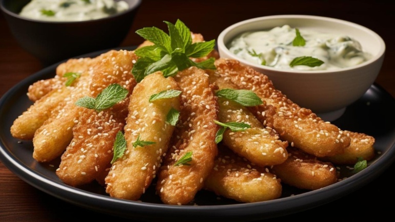 Sesame-Coated Paneer Fingers with Hot Garlic Sauce